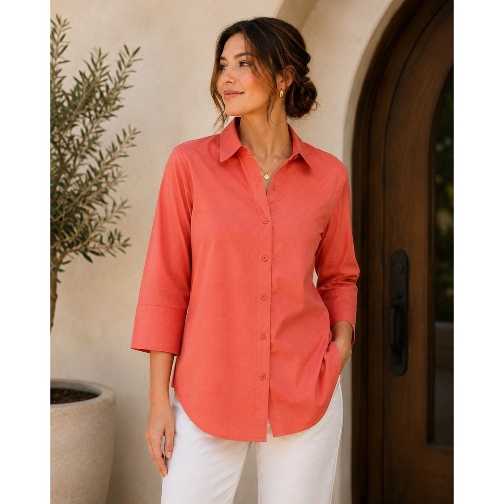 Chico's No Iron Chic Stretch Coral Button Front Tunic Shirt Size 1
